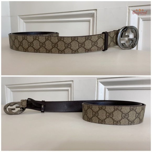 Auth Gucci Brown GG Supreme Canvas Leather Silver Interlocking G Buckle 95/38 - Picture 10 of 13